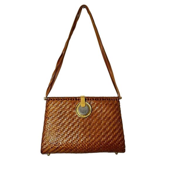 Vintage Handbags - Vintage Brown Wicker Clutch Purse Crossbody Italy Rattan Bamboo Gold Hardware